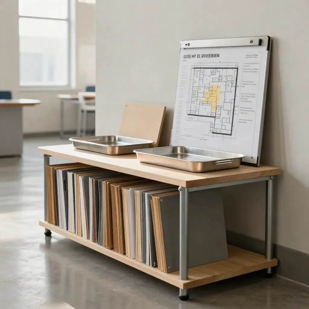 Projektledningshörna i kommunalt kontor med mappar, modell och tavla i mjukt dagsljus.