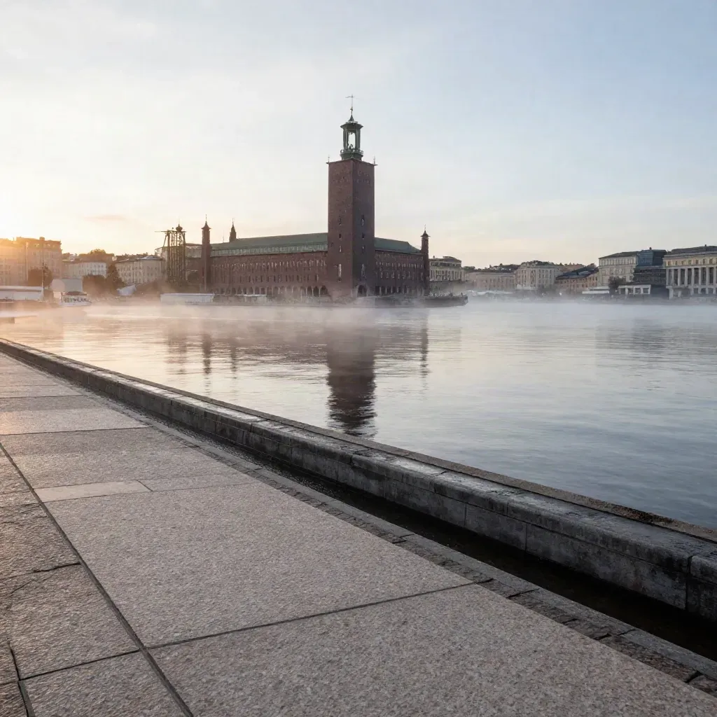 Stockholms stadshus i dimma över stilla vatten och ljusa granitkajer i gryning