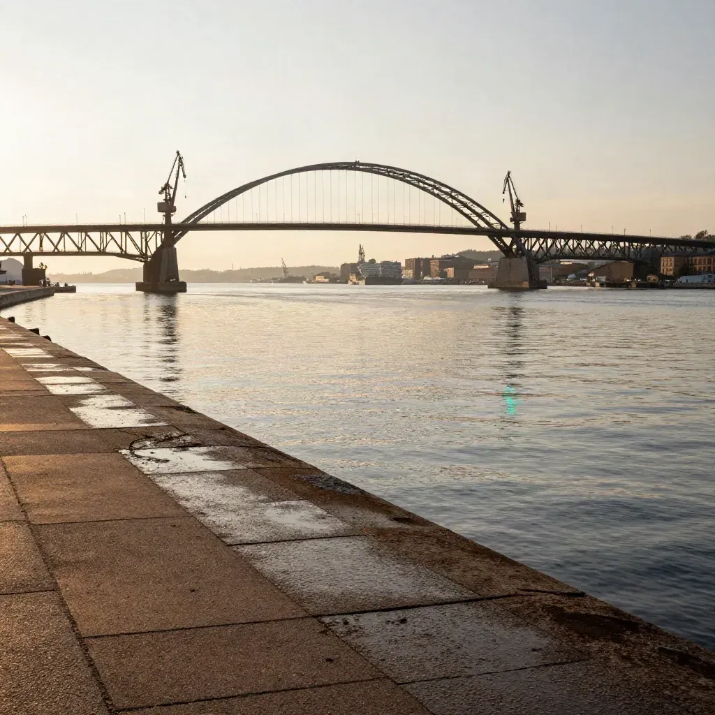 Älvsborgsbron över Göteborgs hamn i gyllene kvällsljus med kranar och stilla vatten.