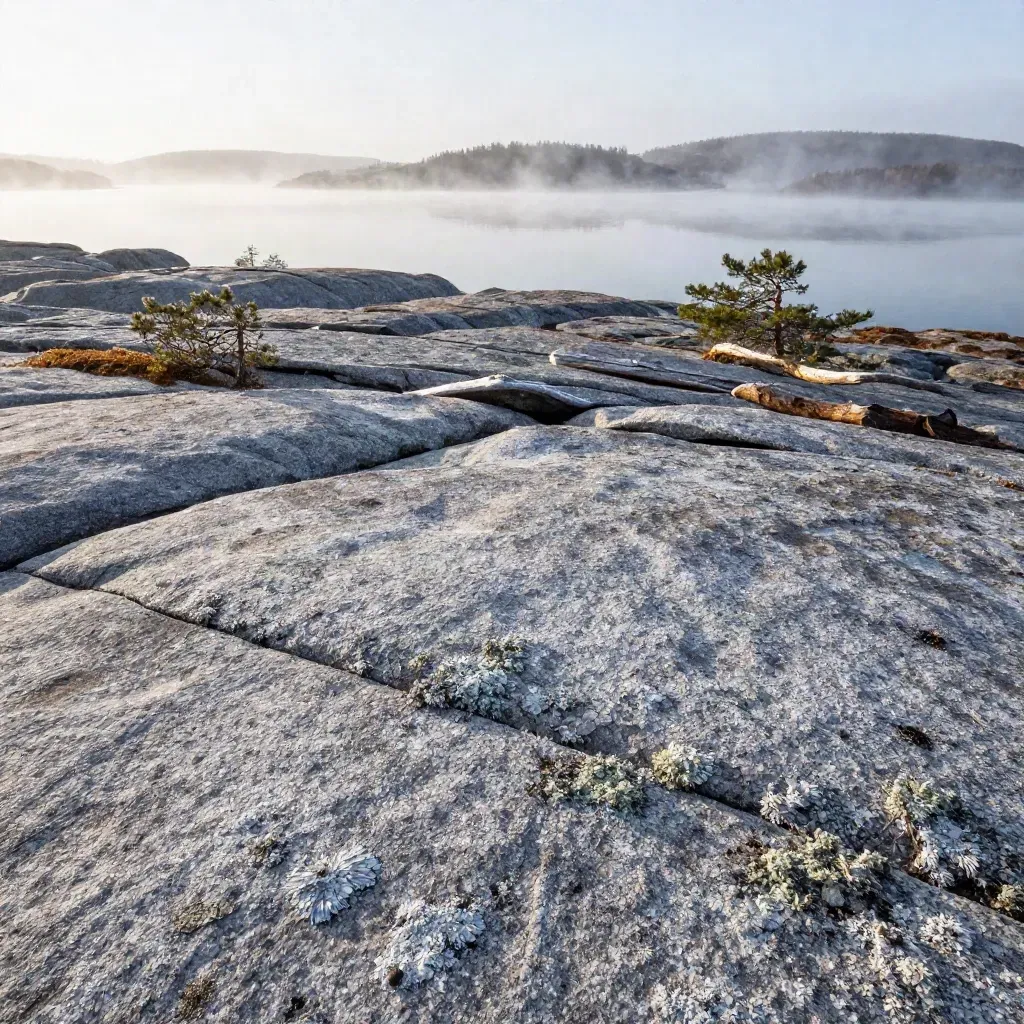 Grå Norrlandskust med frostig granit, tallridå och stilla sjö i dimma.